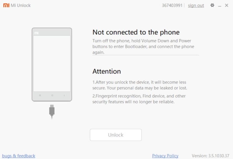 Xiaomi Mi Unlock eingeloggt