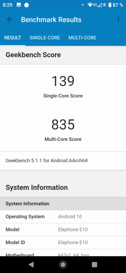 Elephone E10 geekbench5