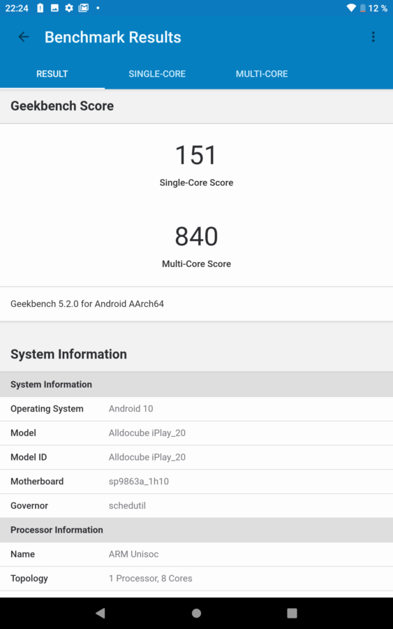 Alldocube Iplay 20 geekbench