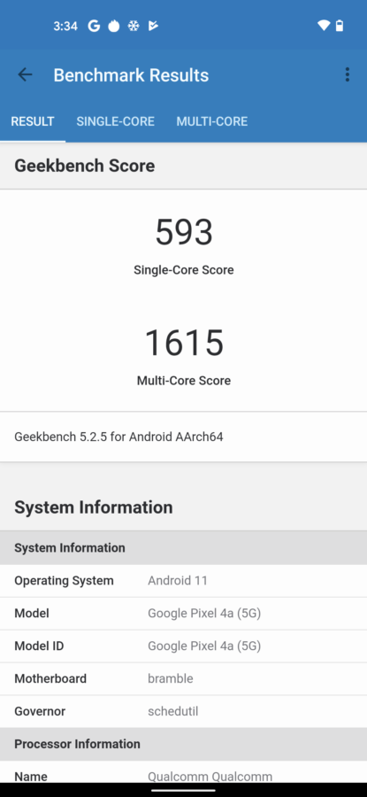 Google Pixel 4A 5G geekbench 5