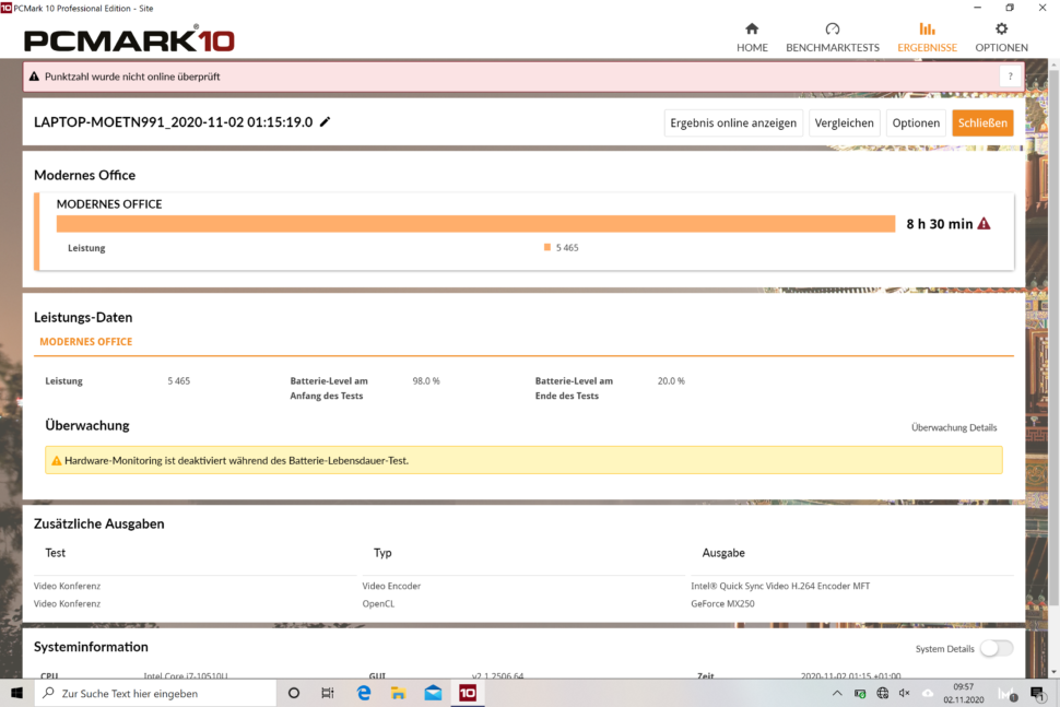 Huawei MateBook X Pro 2020 Test Akku Benchmark 2