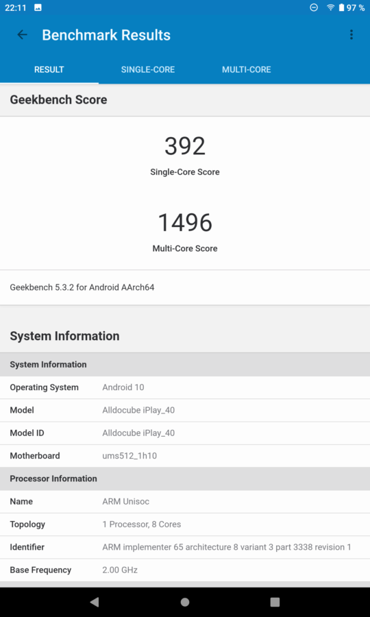 Alldocube iplay 40 geekbench