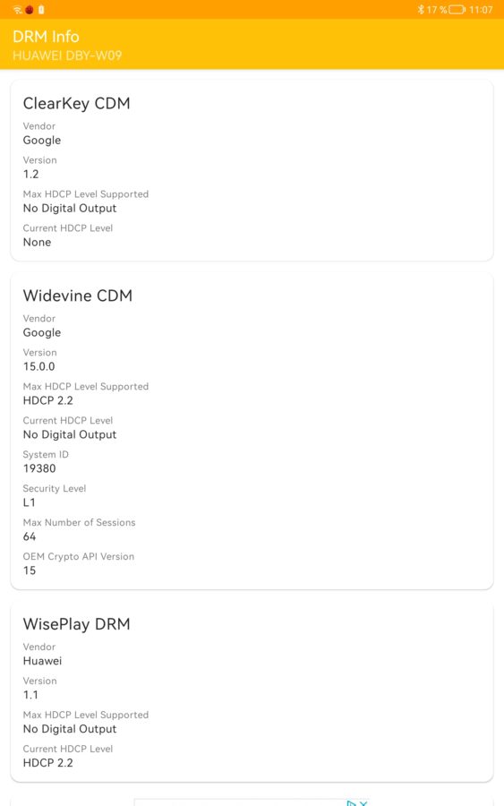 Huawei MAtepad 11 DRM Info Widevine L1 1