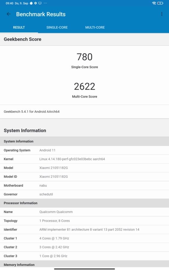 Xiaomi Mi pad 5 geekbench