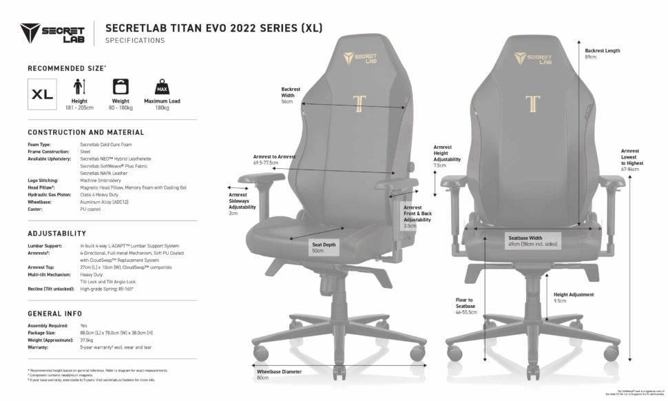 gamingstuhl titan evo 2022 Datenblatt XL