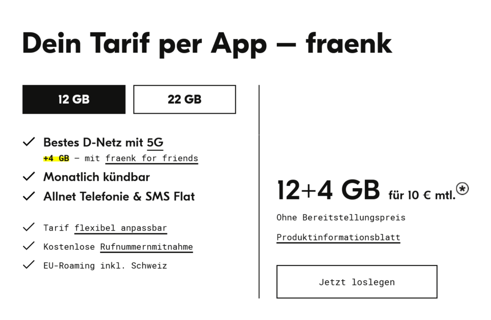 fraenk 12 GB fuer 10