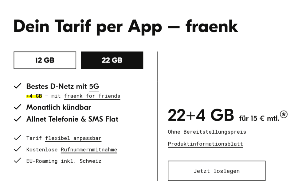 fraenk 22 GB fuer 15