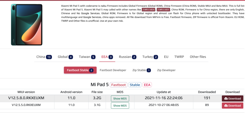 Xiaomi Pad 5 Fastboot Rom Download