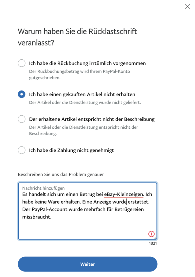 Paypal geld an freunde betrug begründung rückbuchung