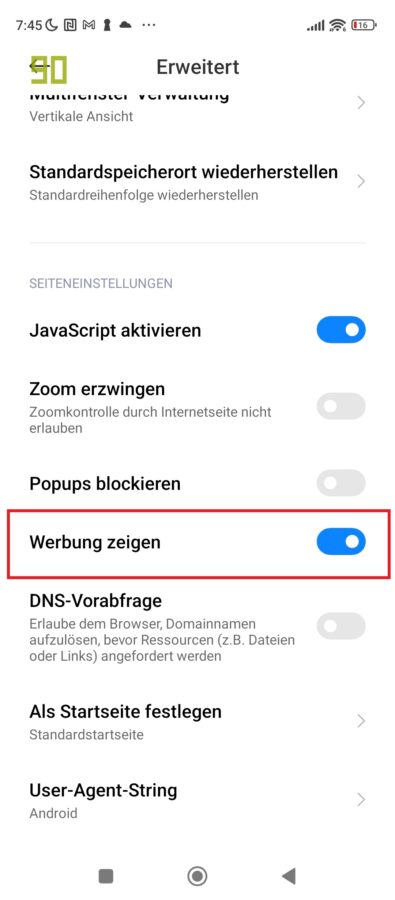 MIUI Browser Werbung deaktivieren 5