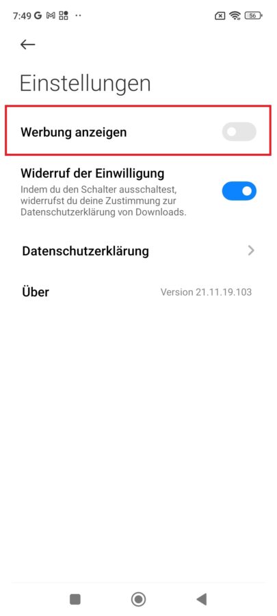 MIUI Download App Werbung aus 5