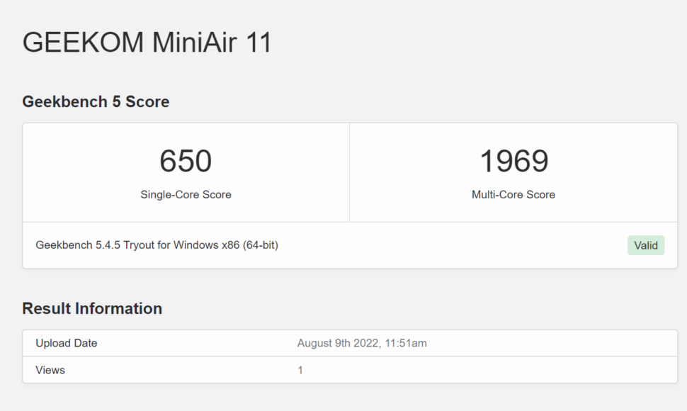 Geekom Mini Air 11 geekbench 