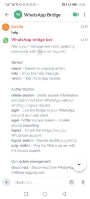 whatsapp bot mautrix matrix befehl help alle commands