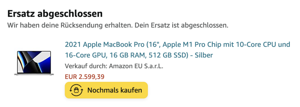 MacBook Pro 16 ersatzgeraet von Amazon Reparatur Austausch Garantie