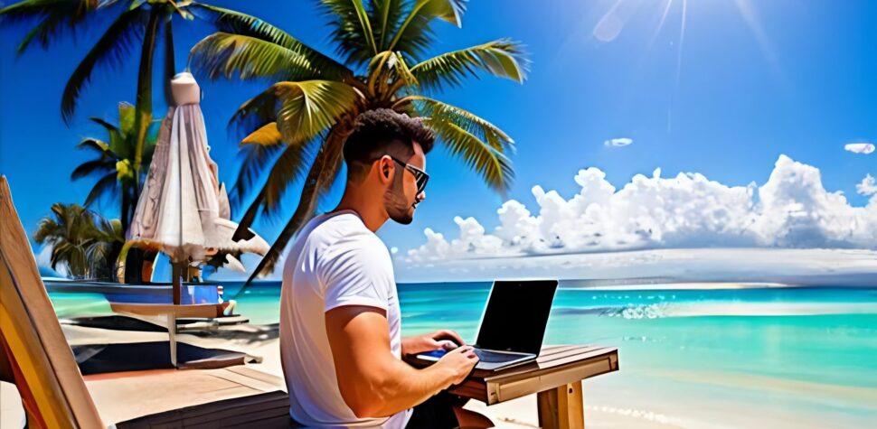 digitalnomade arbeitet am strand laptop e1674173830982