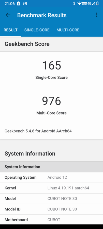 Cubote Note 30 Test Benchmarks System 5