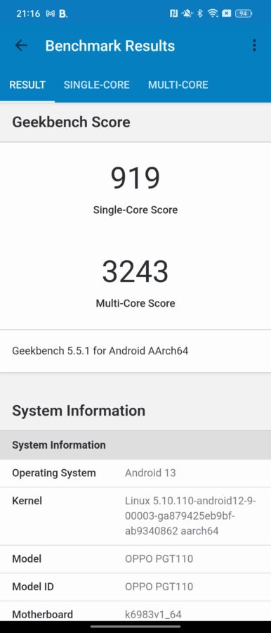 Oppo Find N2 Flip Geekbench