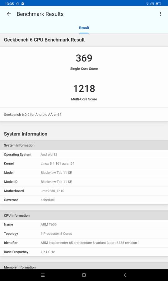 Blackview Tab 11 SE Geekbench