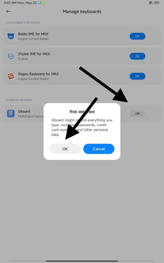 MIUI for Pad Secure Mode deaktivieren Gboard 5