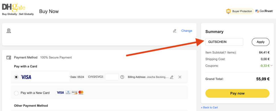 DHGate Gutschein eingeben
