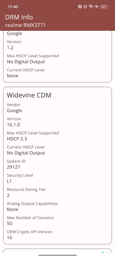 screenshot realme 11pro widevine
