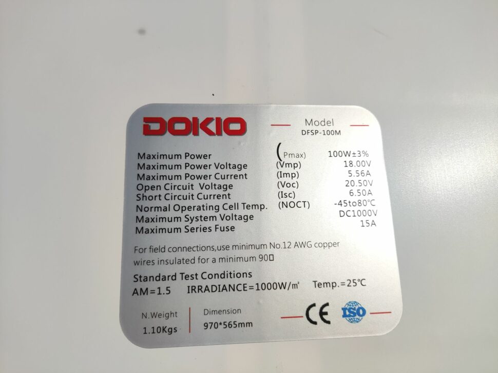 Dokio 100W Solarpanel TechData1