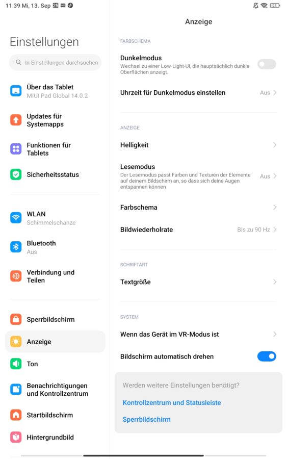 Redmi Pad SE Bildschirmeinstellungen 1