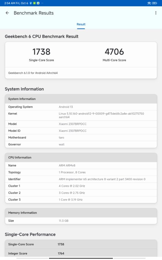 Xiaomi Pad 6 Max geekbench 6