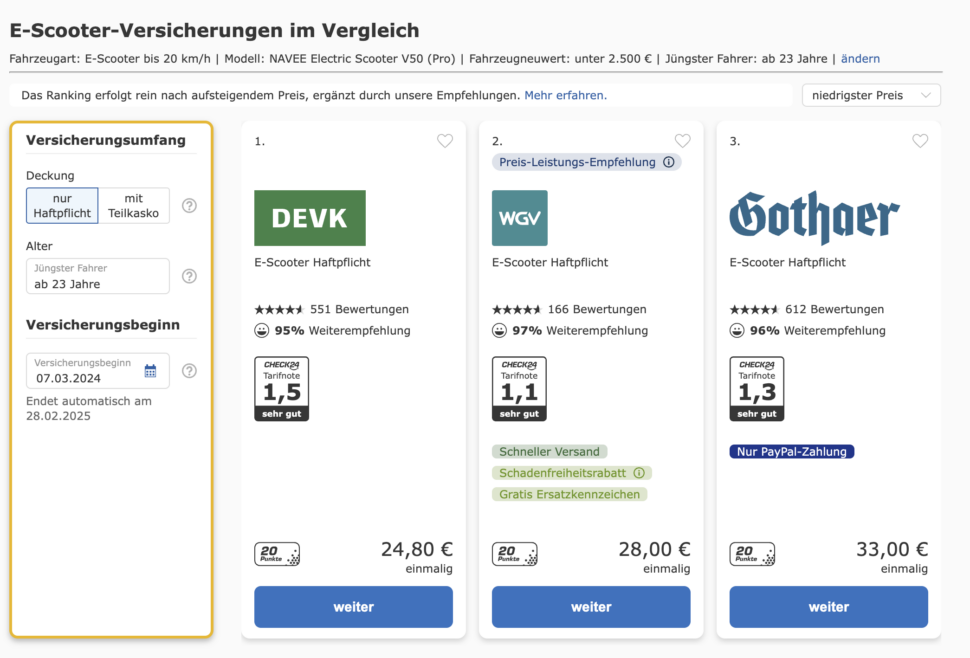 Escooter Haftpflichtversicherung bei Check24 abschliessen 3