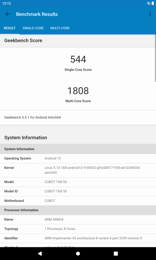 Cubot Tab 50 Geekbench 5