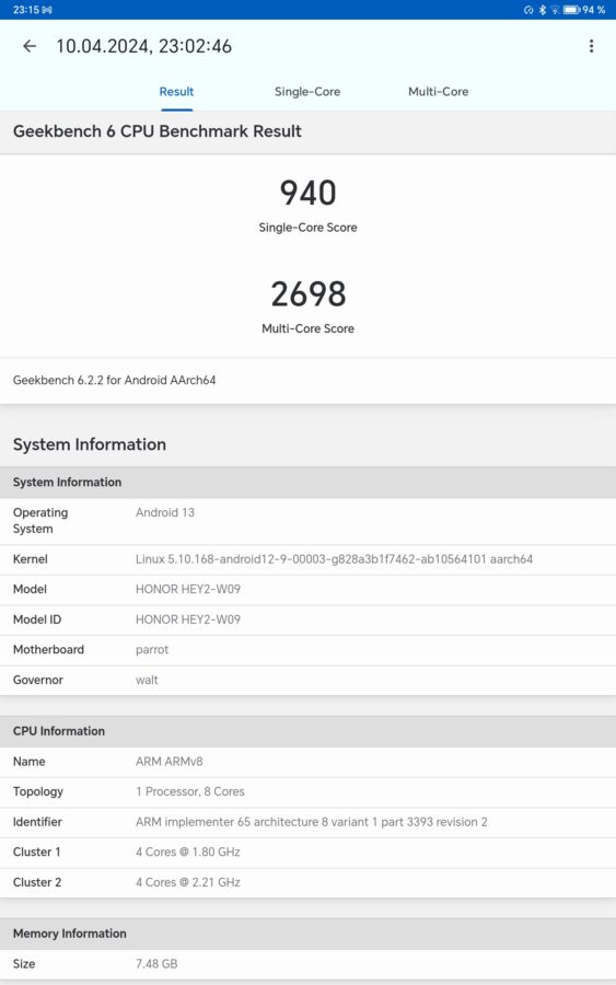 Honor Pad 9 geekbench 6