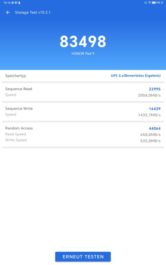 Honor Pad 9 storage speed