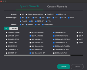 Qidi Q1 Pro Filamentauswahl OrcaSlicer