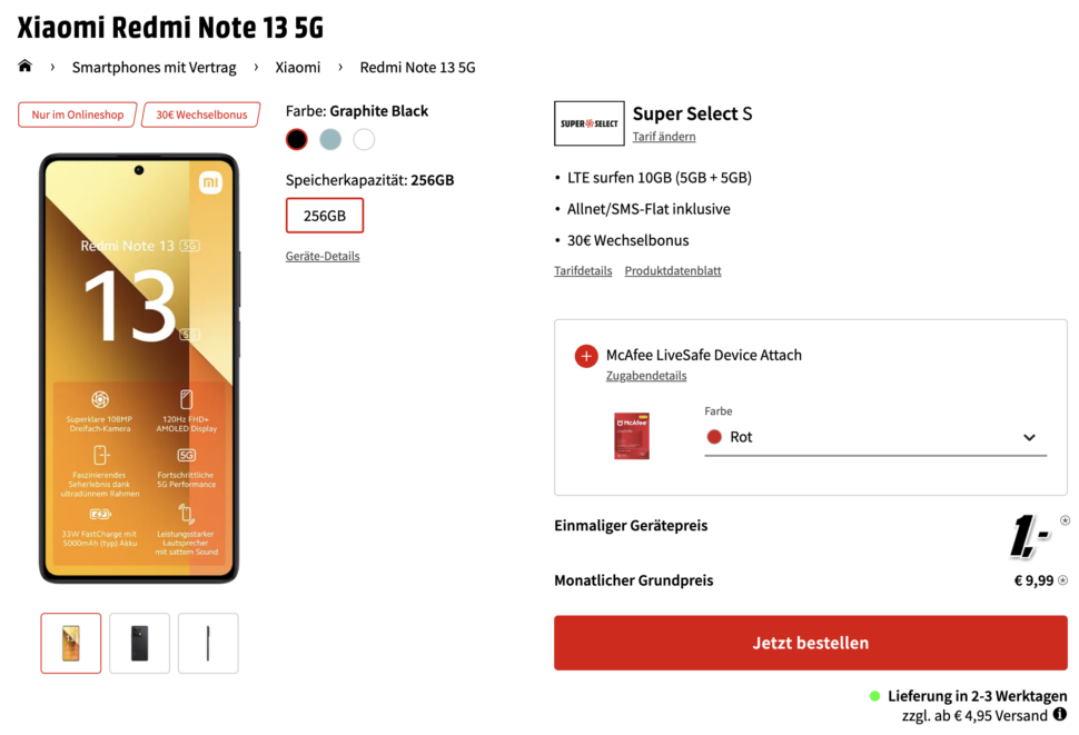 Xiaomi Redmi Note 13 5G mit 10GB Vertrag