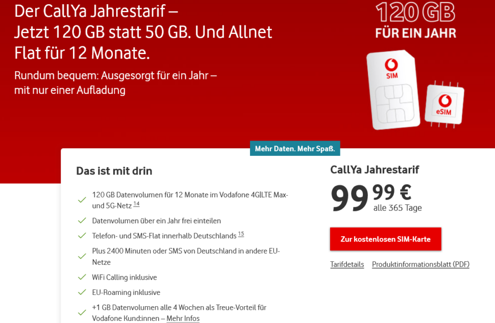 CallYa Jahrestarif 120 GB statt 50 GB und Allnet Flat fuer 12 Monate im Paket Vodafone