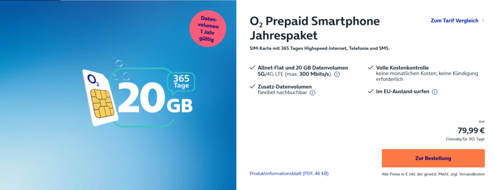 Prepaid Jahrespaket Handy guenstig o2 Freikarte