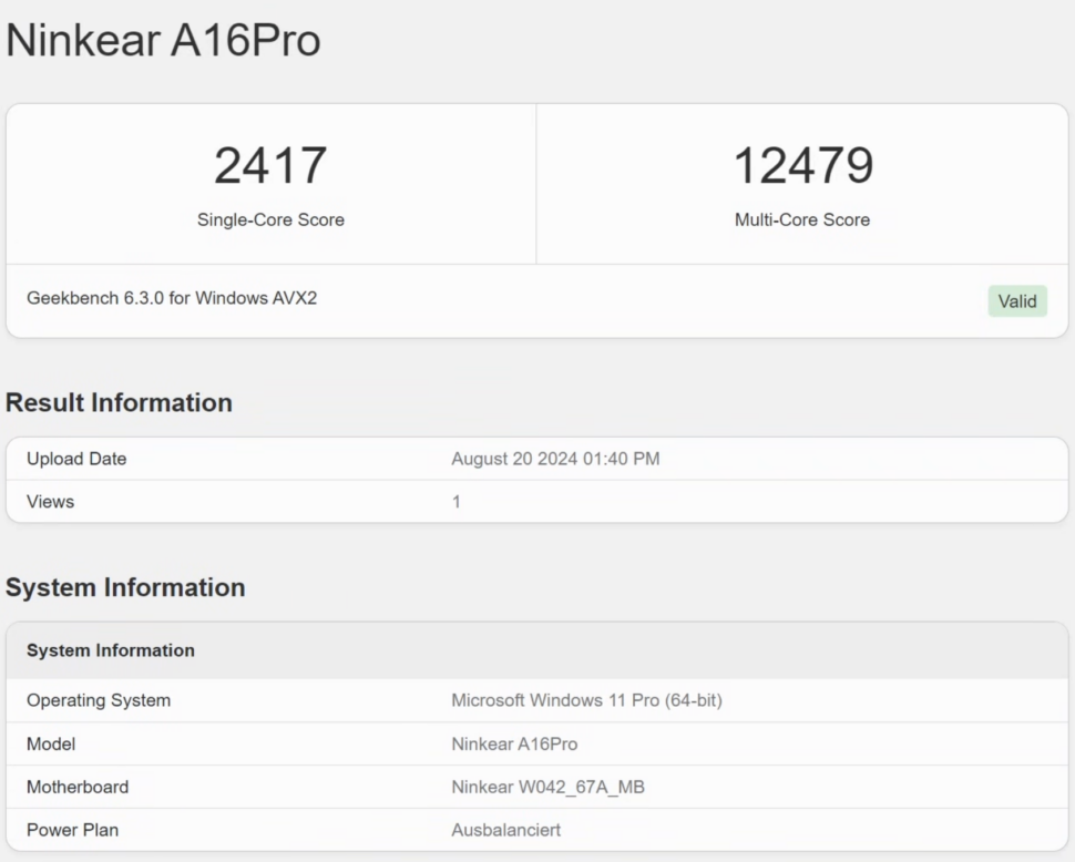 Ninkear A16 Pro geekbench 6