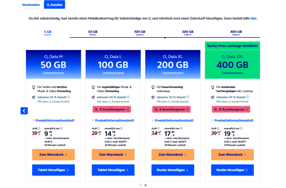 Aktion Datentarife von o2 Bestandskunden