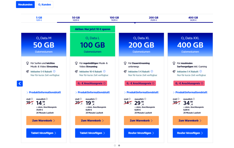 Aktion Datentarife von o2 Neukunden