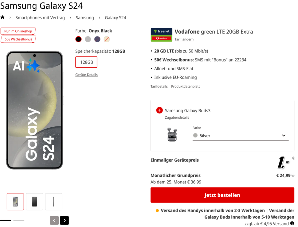 Samsung Galaxy S24 Samsung Galaxy Buds3 mit Vodafone Vertrag MediaMarkt Tarifwelt