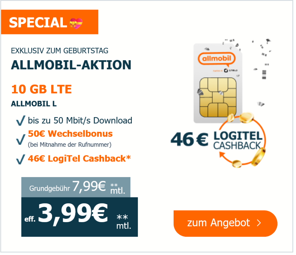 Allmobil 10GB LTE nur 399E pro Monat