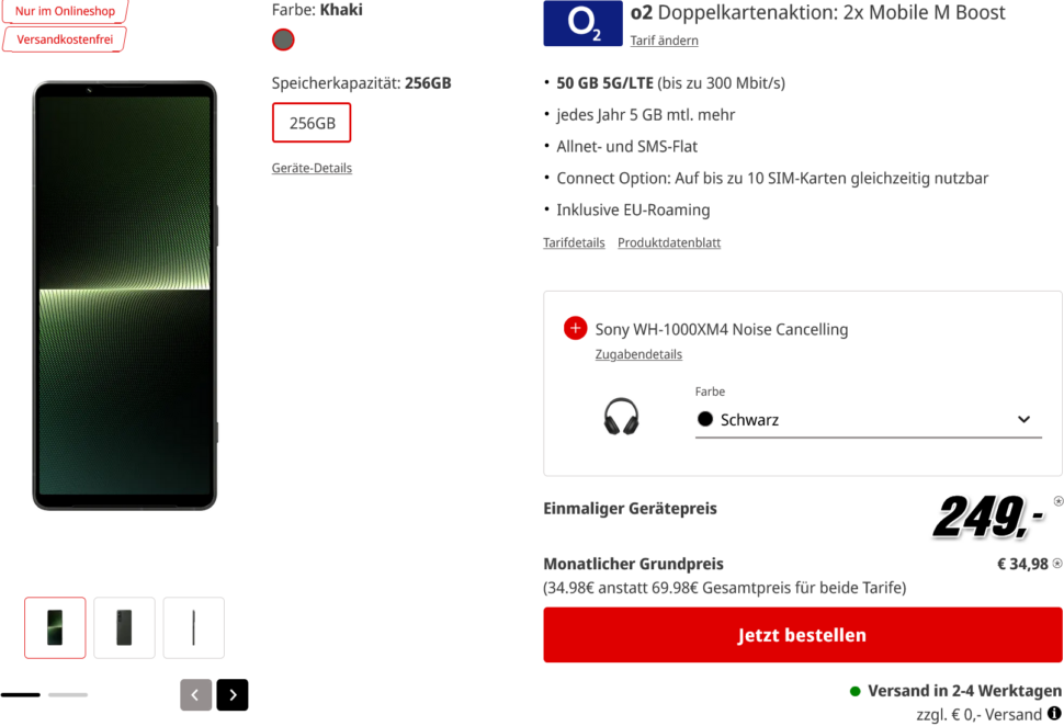 Sony Xperia 1 V Sony WH 1000XM4 mit O2 Vertrag MediaMarkt Tarifwelt