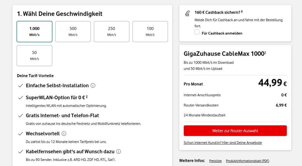 Vodafone KabelMax Angebot zurueck