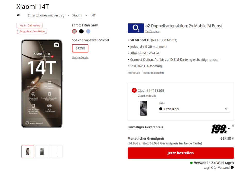 xiaomi 14T Angebot Doeppelkarten Aktion