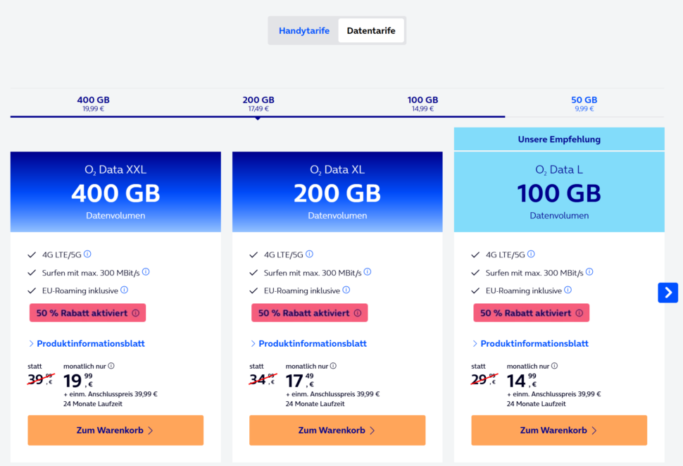 50 Rabatt auf O2 Datentarife