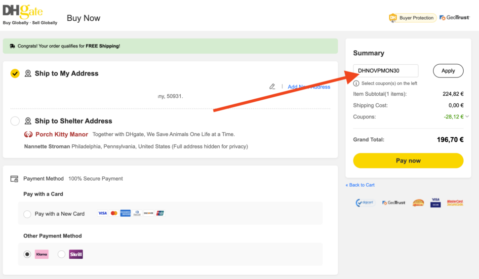DHGate Gutschein eingeben 2