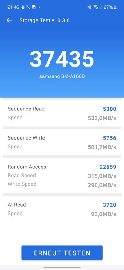 Test Samsung Galaxy A165G Speicher