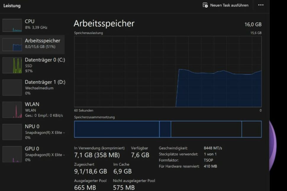 Samsung Galaxy Book 4 Edge Test RAM Auslastung