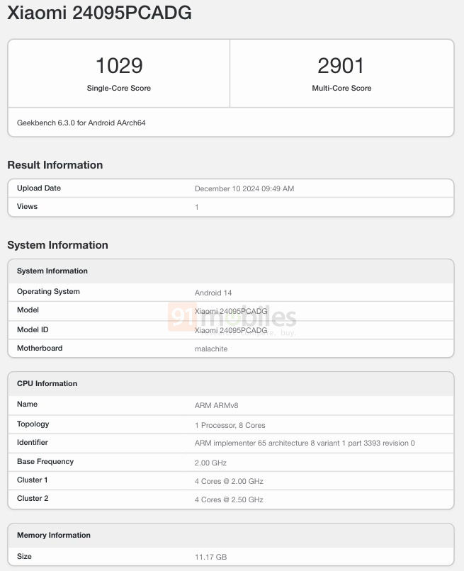 Poco X7 Geekbench Datenbank-Eintrag