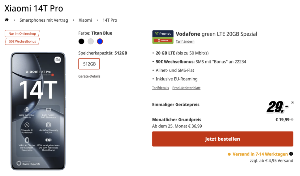 xiaomi 14t pro vodafone green lte mediamarkt